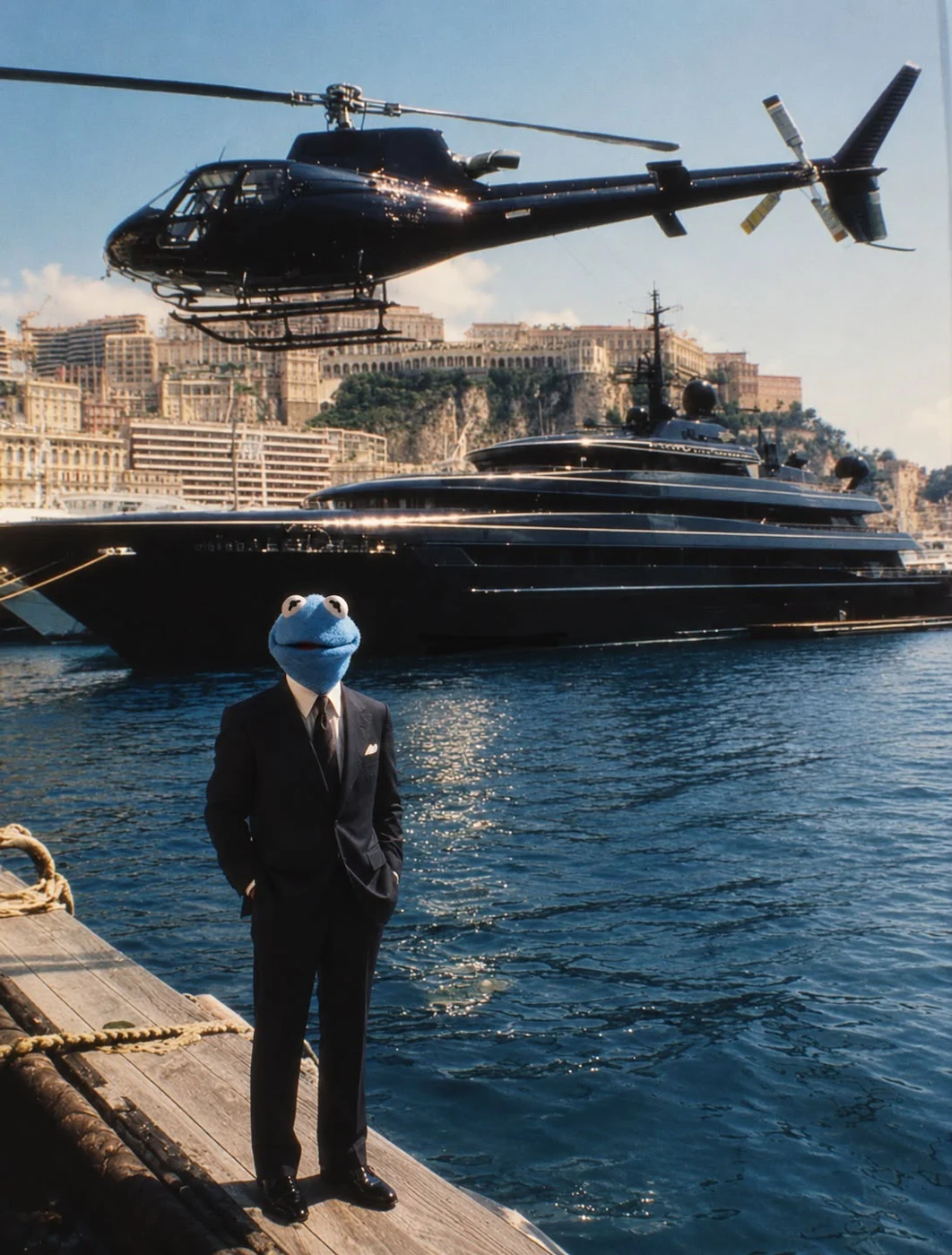 Fan-made scene of Carlos arriving at a waterfront beside a yacht and helicopter