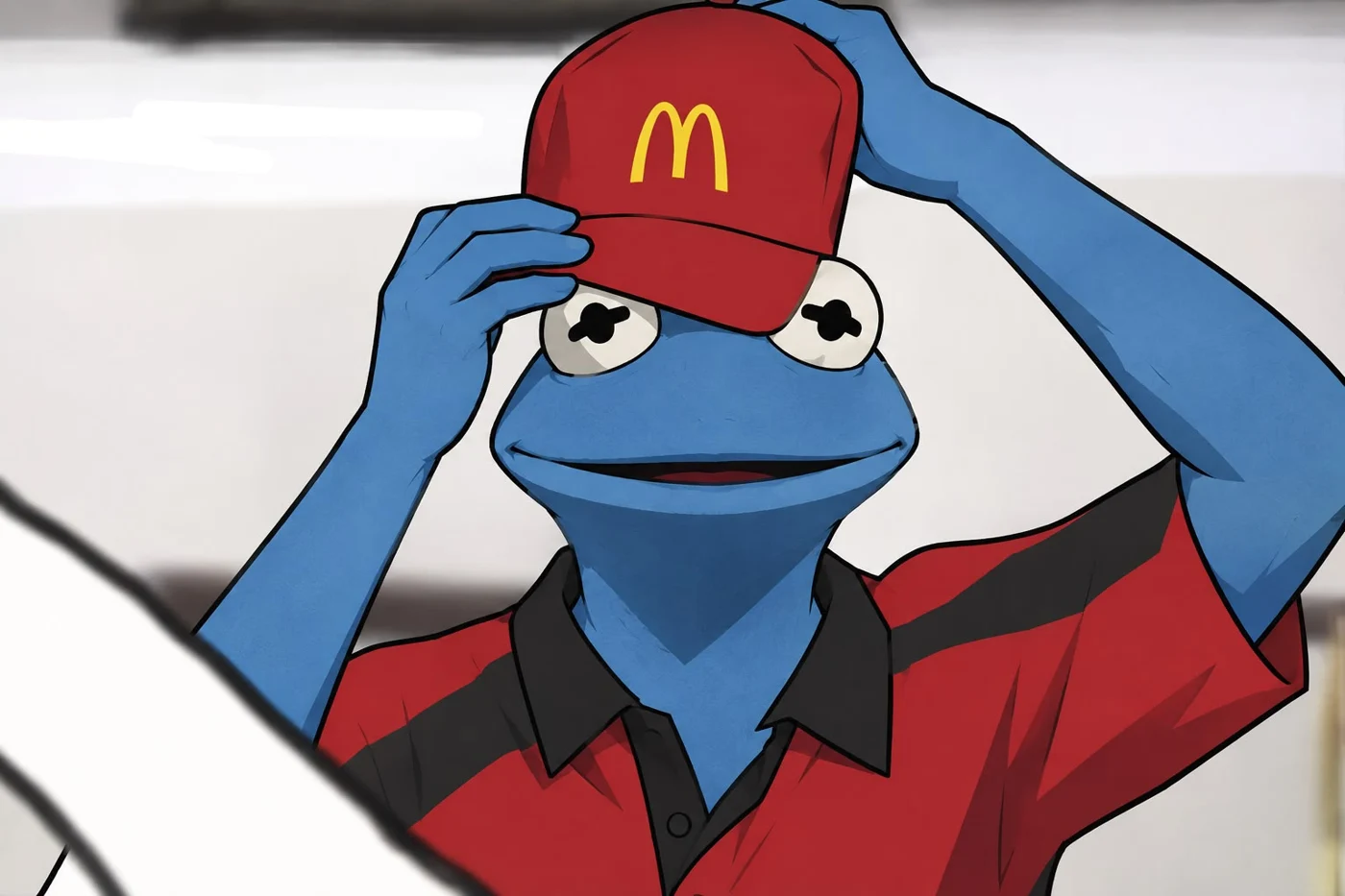Carlos putting on a fast-food restaurant cap
