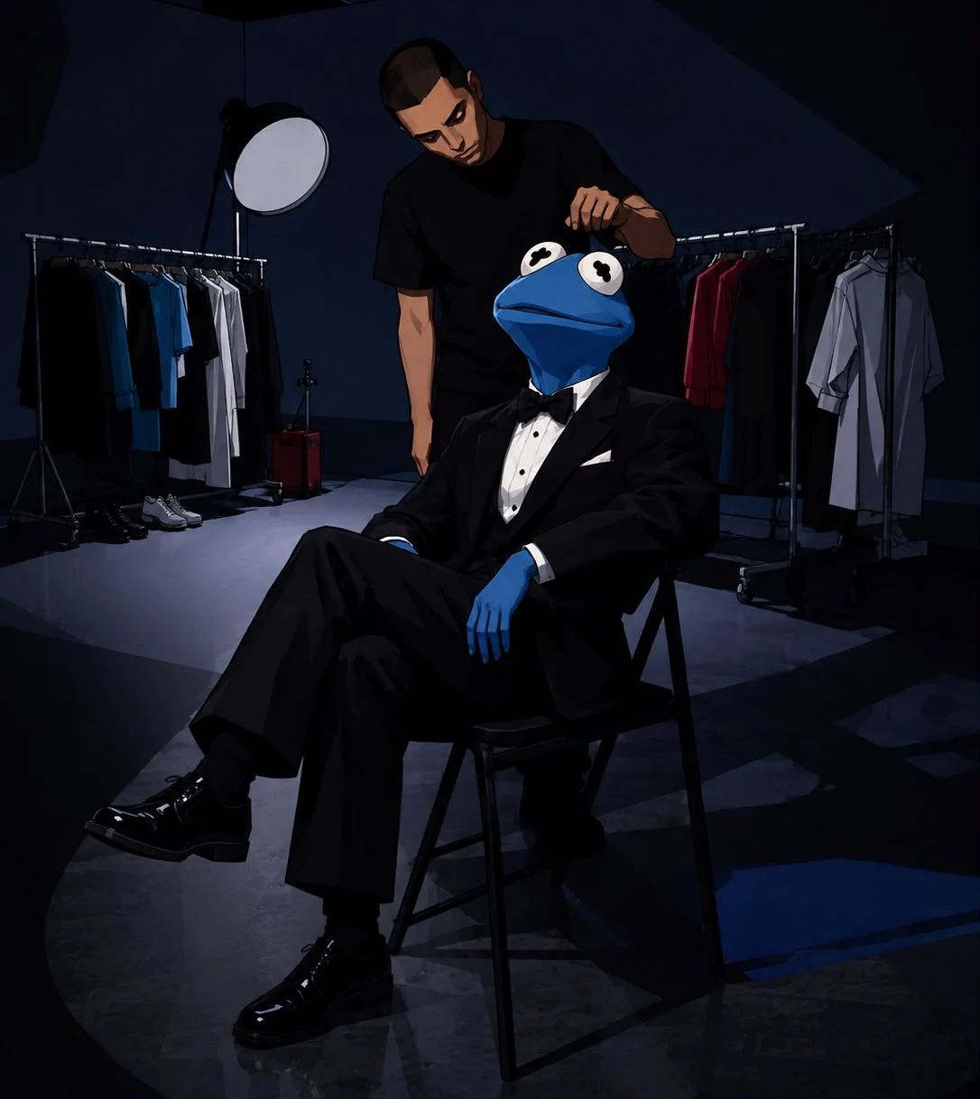 Carlos having his black tuxedo tailored