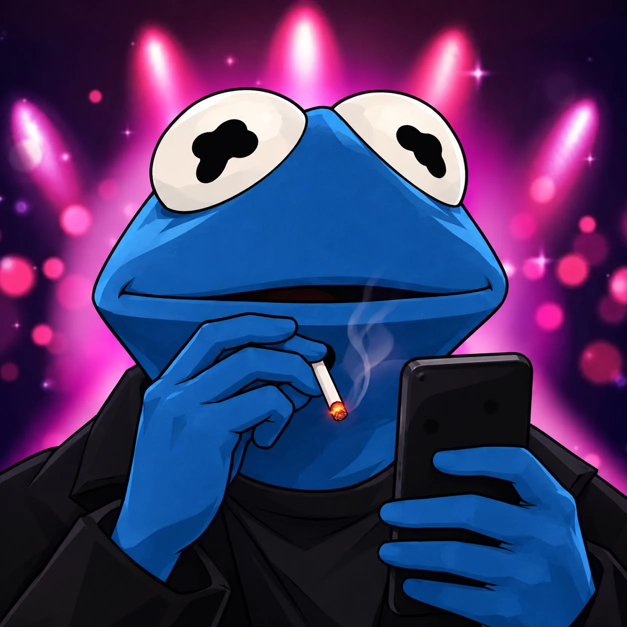 Carlos checking his phone beneath pink stage lights