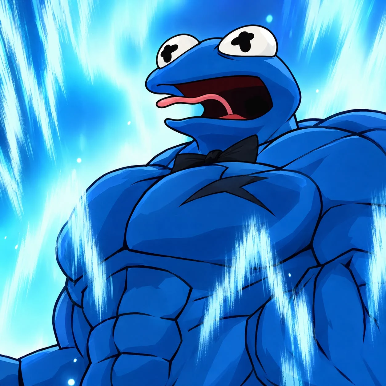 Carlos as an extraordinarily muscular blue superhero
